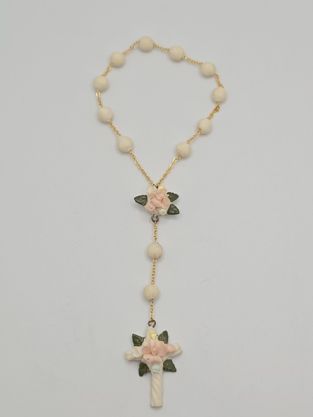 Vintage Porcelain Rosary Bracelet Floral Cross Pink Roses 7"